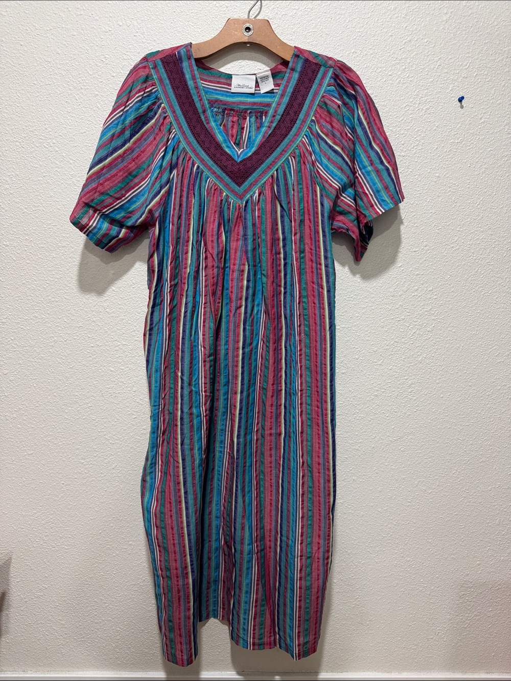 Vermont Country Store Striped V-Neck Cotton Midi Dress in Teal and Magenta